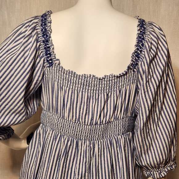 American Eagle Mini Dress Large Peasant Puff Sleeve Blue White Stripe Cinch - Picture 7 of 12